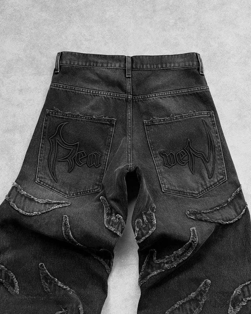 Unisex Flame AppliquÉ Wide-leg Baggy Jeans