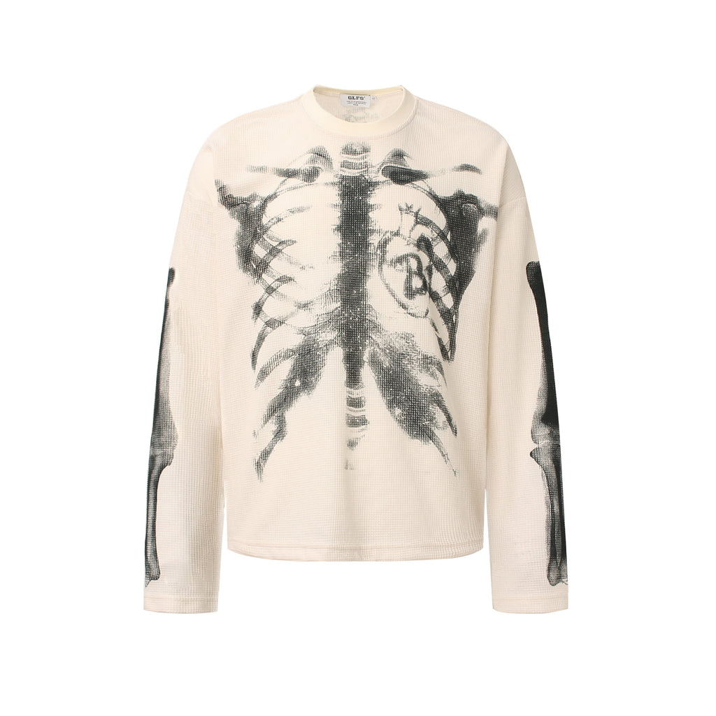Retro Waffle Skeleton Print Long-sleeved T-shirt
