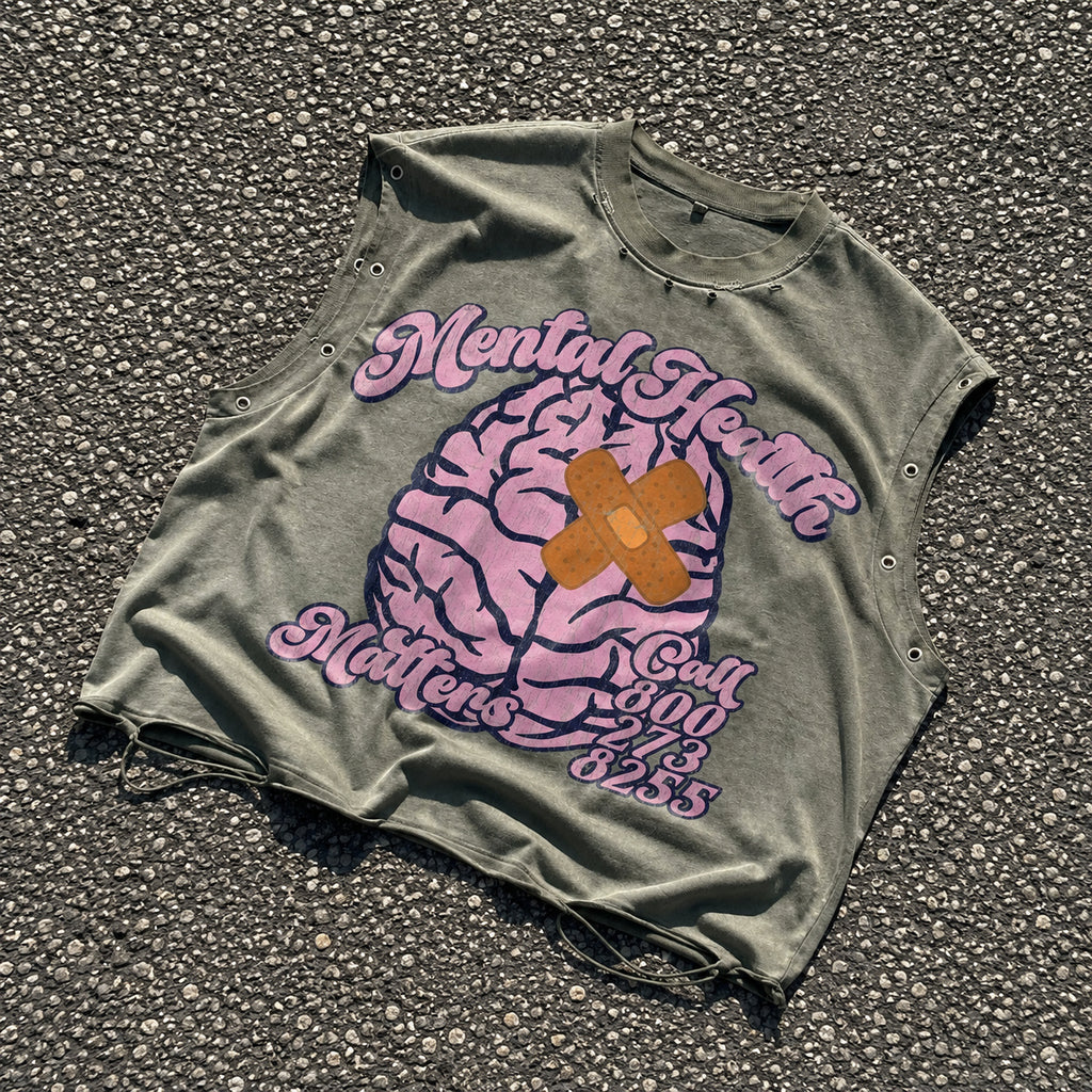 Mental Health Matters Healing Brain Graphic Worn-out Boxy Tank Top
