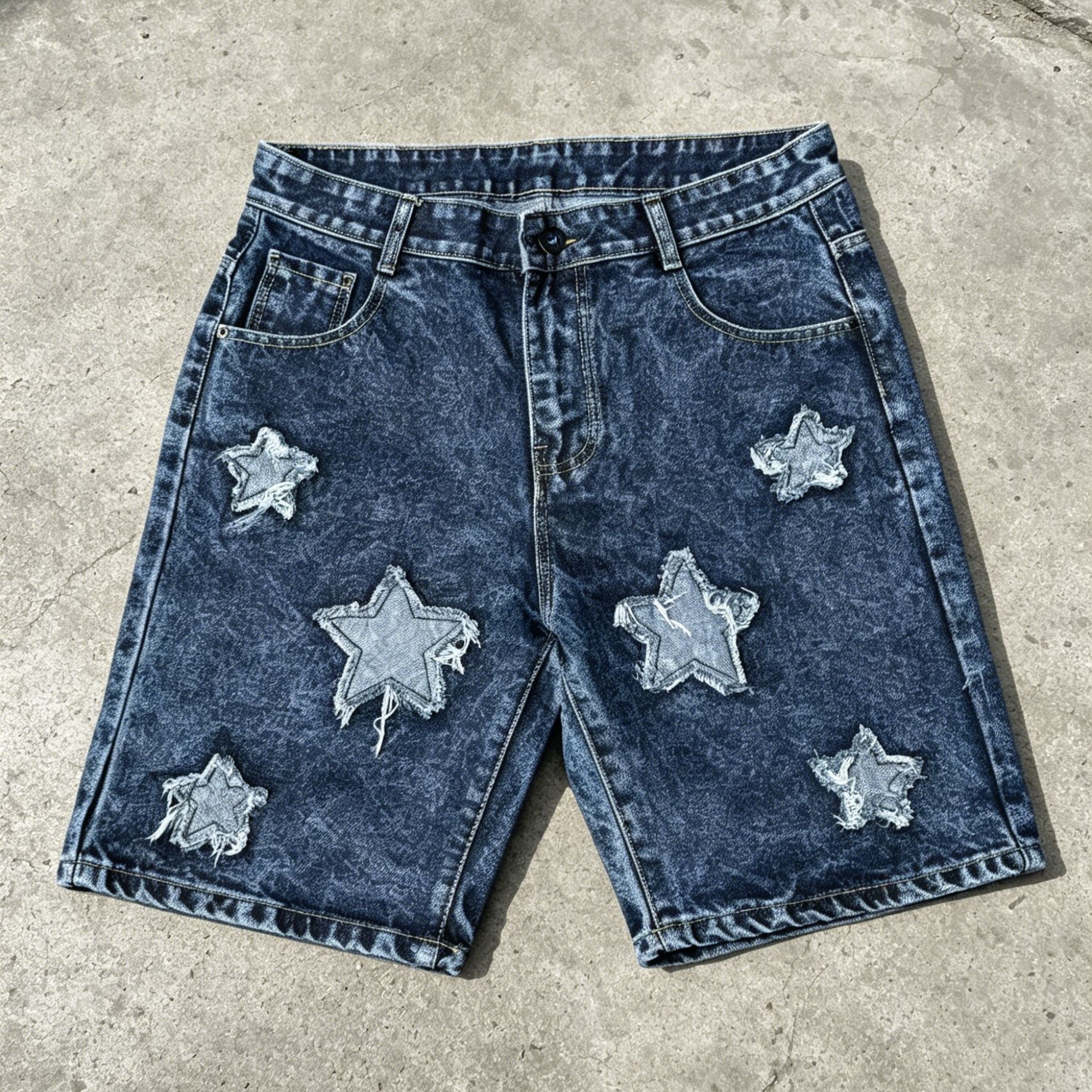 Vintage Washed Star-embroidered Denim Shorts