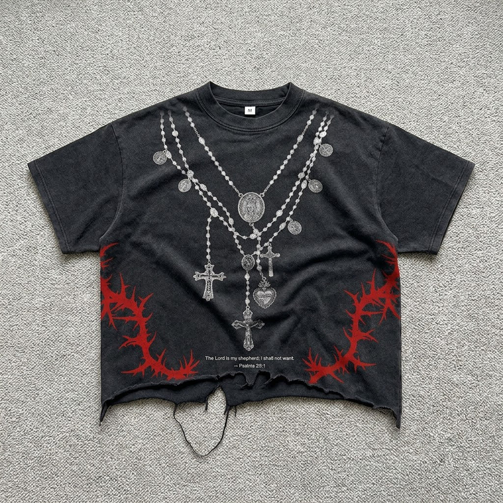 Y2k Layered Cross Rosary Necklace Print Graphic Crop Ripped T-shirt