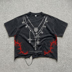 Y2k Layered Cross Rosary Necklace Print Graphic Crop Ripped T-shirt