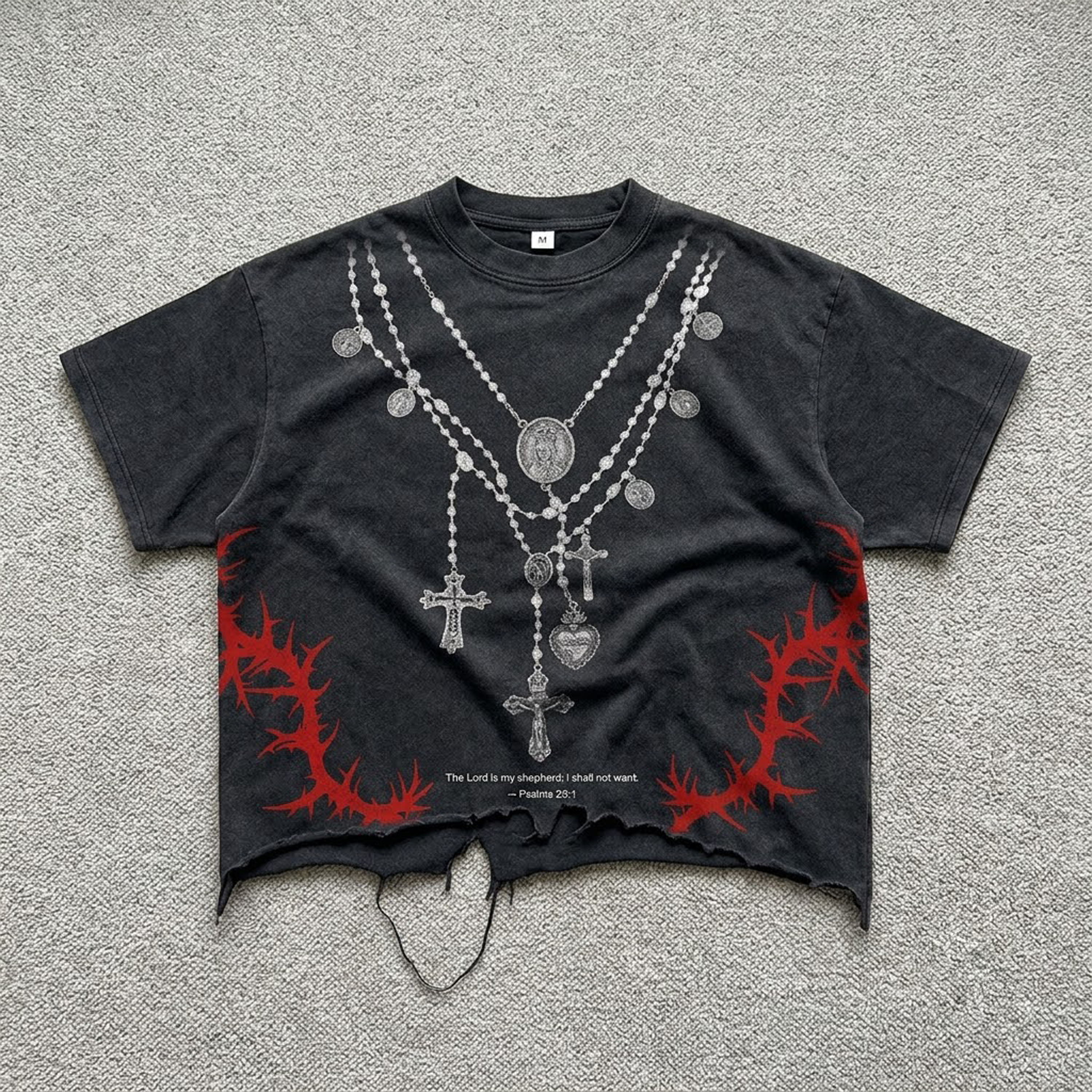 Y2k Layered Cross Rosary Necklace Print Graphic Crop Ripped T-shirt