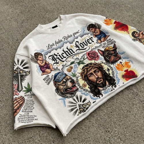 Black Jesus Hellhound Angel Rose Graphic Boxy Crop Crimped Edge T-shirt