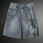 Men's Printed Pattern Loose Fit Denim Shorts Jorts