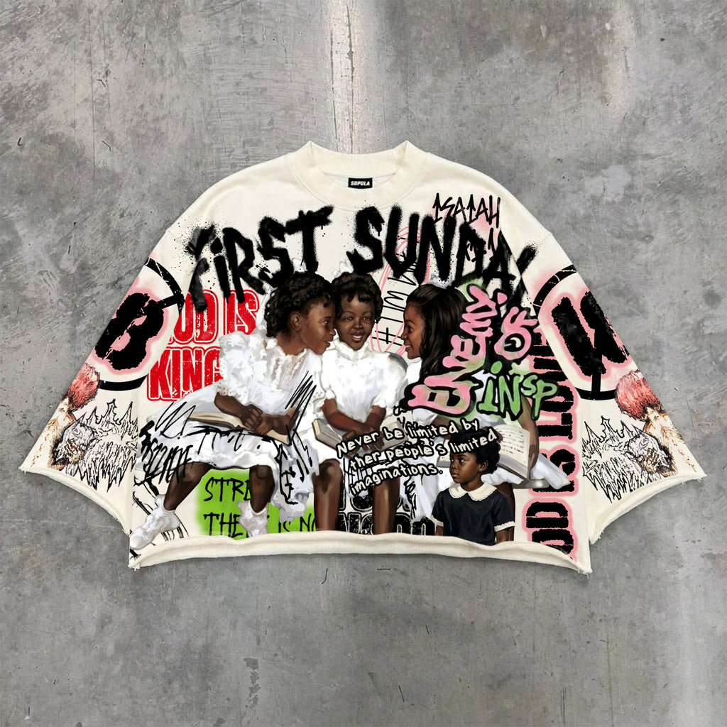 First Sunday Vintage Jesus Religious Print Boxy Crop T-shirt