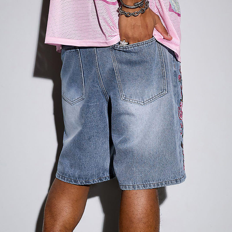 Men's Fashion Floral Letter Embroidered Denim Shorts Jorts