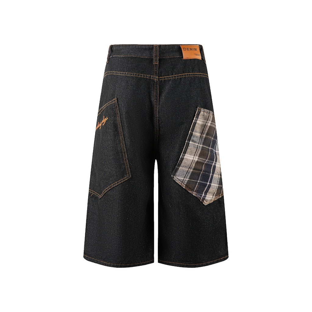 Streetwear Plaid Patchwork Loose Denim Shorts