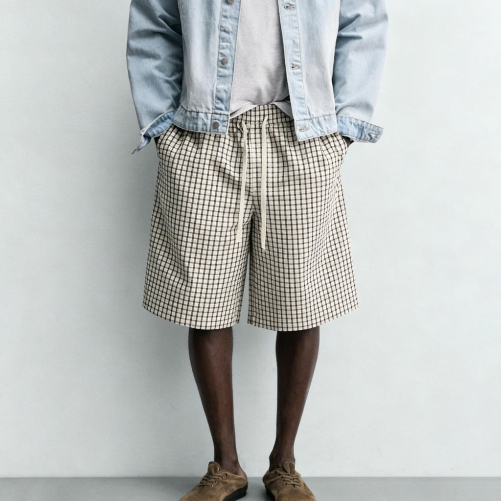 Drawstring Loose Textured Check  1/2 Shorts