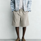 Drawstring Loose Textured Check  1/2 Shorts