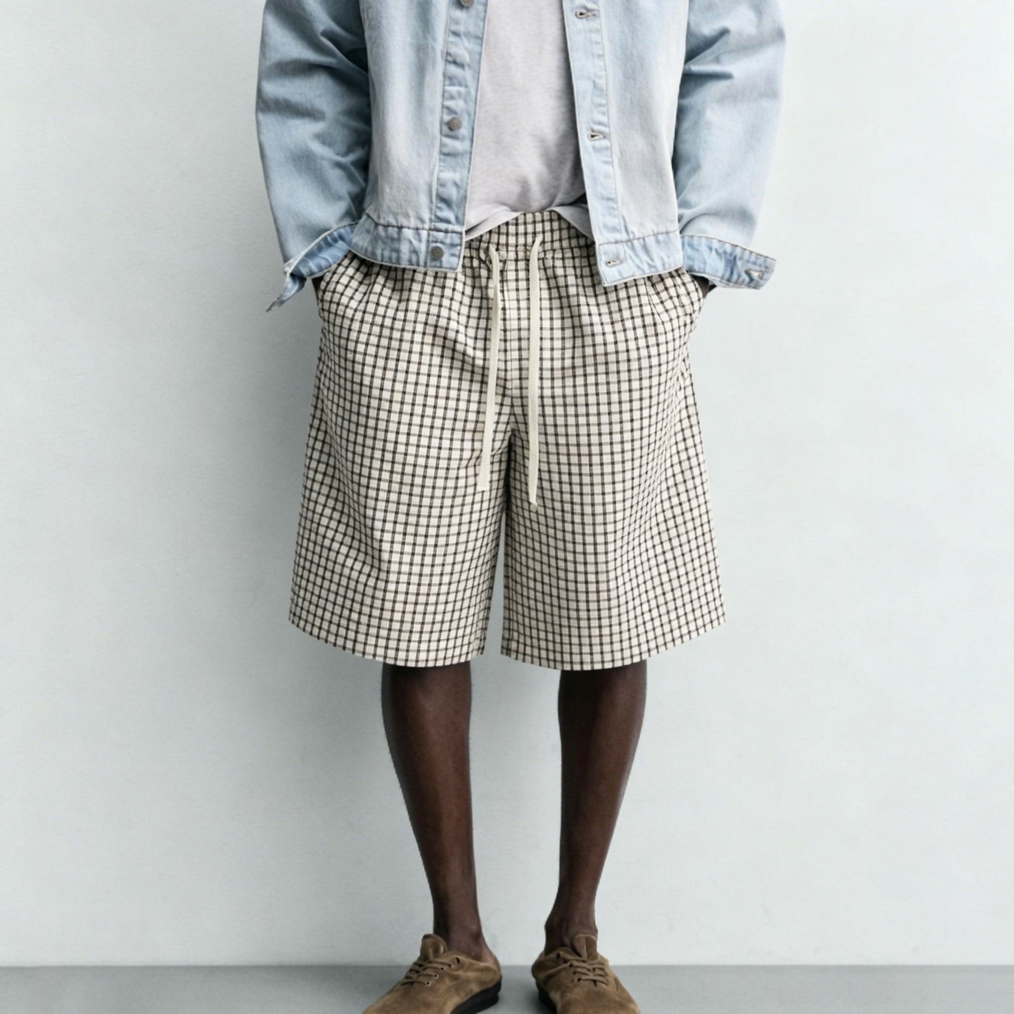 Drawstring Loose Textured Check  1/2 Shorts