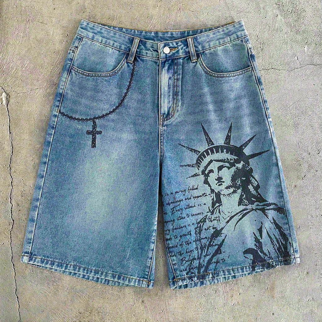 Men's Printed Pattern Loose Fit Denim Shorts Jorts