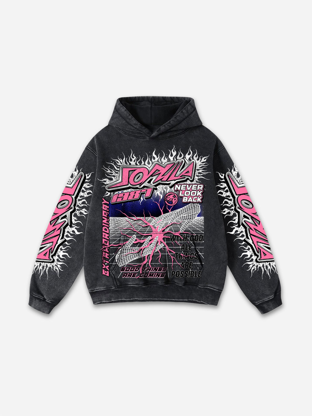 Flame Font Network Connection Vintage Graphic Washed Hoodie