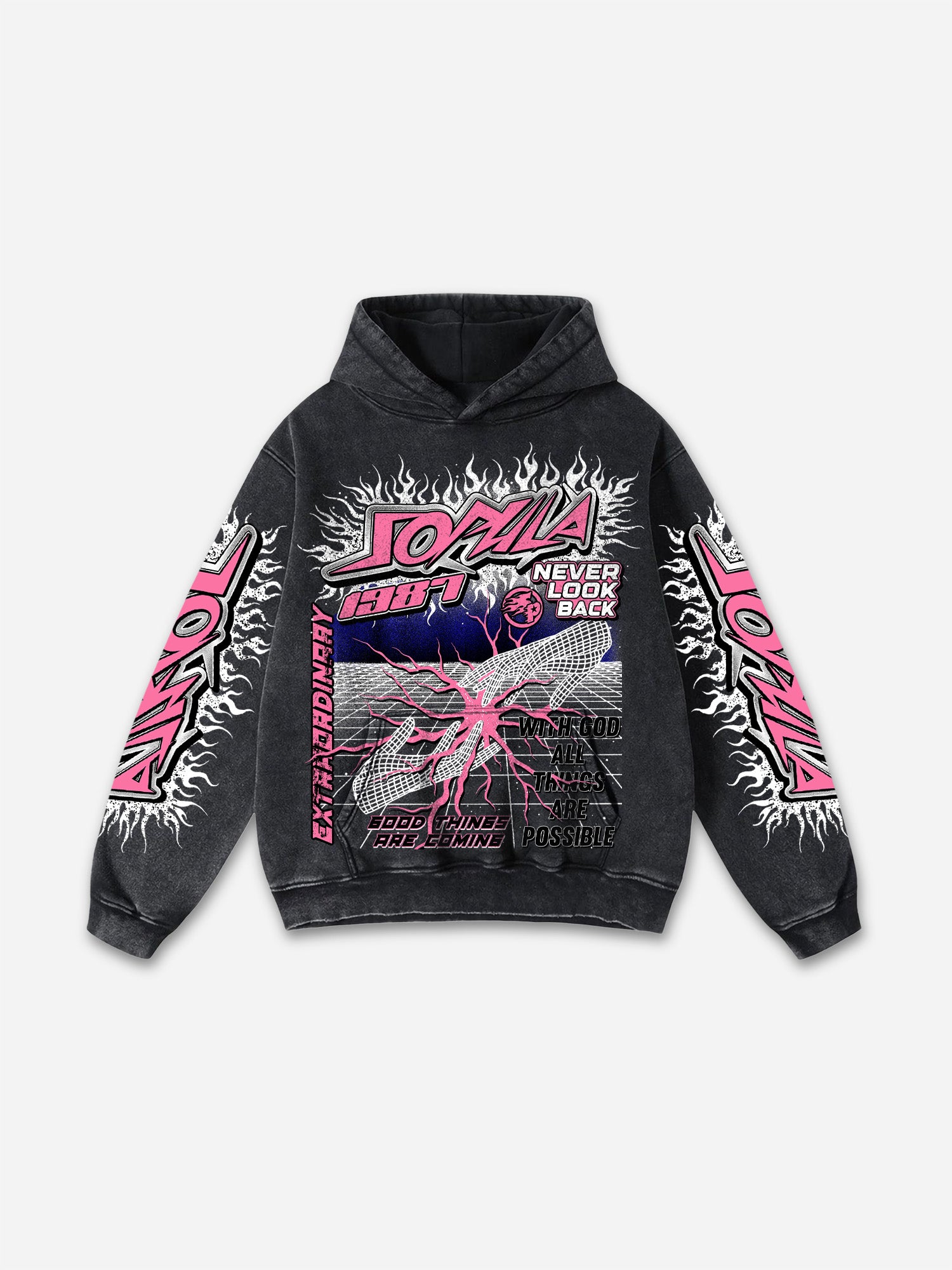 Flame Font Network Connection Vintage Graphic Washed Hoodie