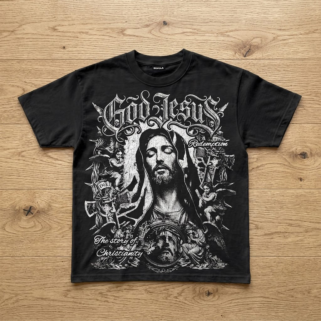 American Street Jesus Christ Statue Graphic Cotton T-shirt