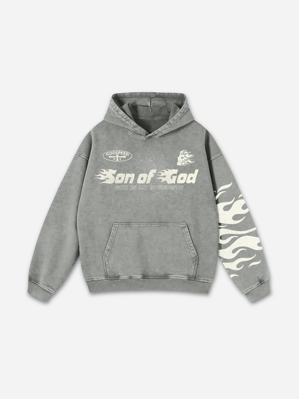 Son Of God Flame Jesus Silhouette Network Graphic Acid Washed Oversized Hoodie
