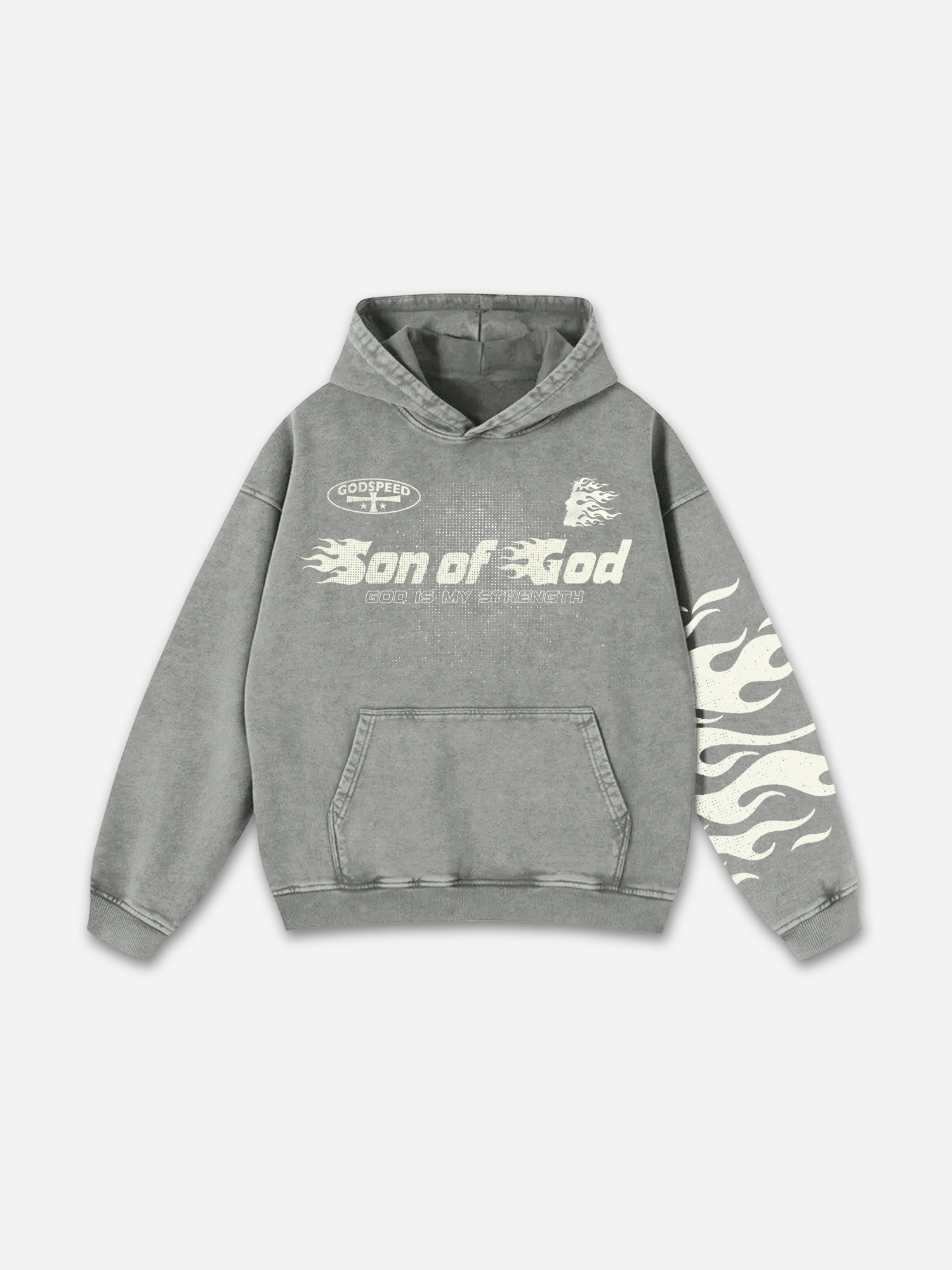 Son Of God Flame Jesus Silhouette Network Graphic Acid Washed Oversized Hoodie