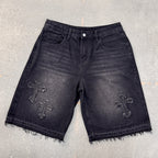 High-street Embroidery Cross Washed Denim Shorts