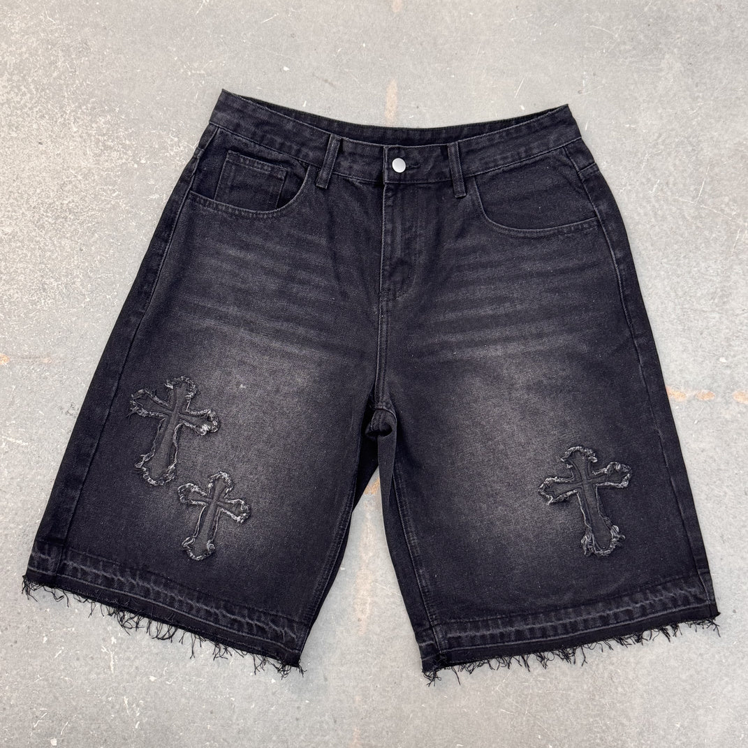 High-street Embroidery Cross Washed Denim Shorts