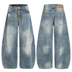 Vintage Metal Buckle Washed Sloping Jeans