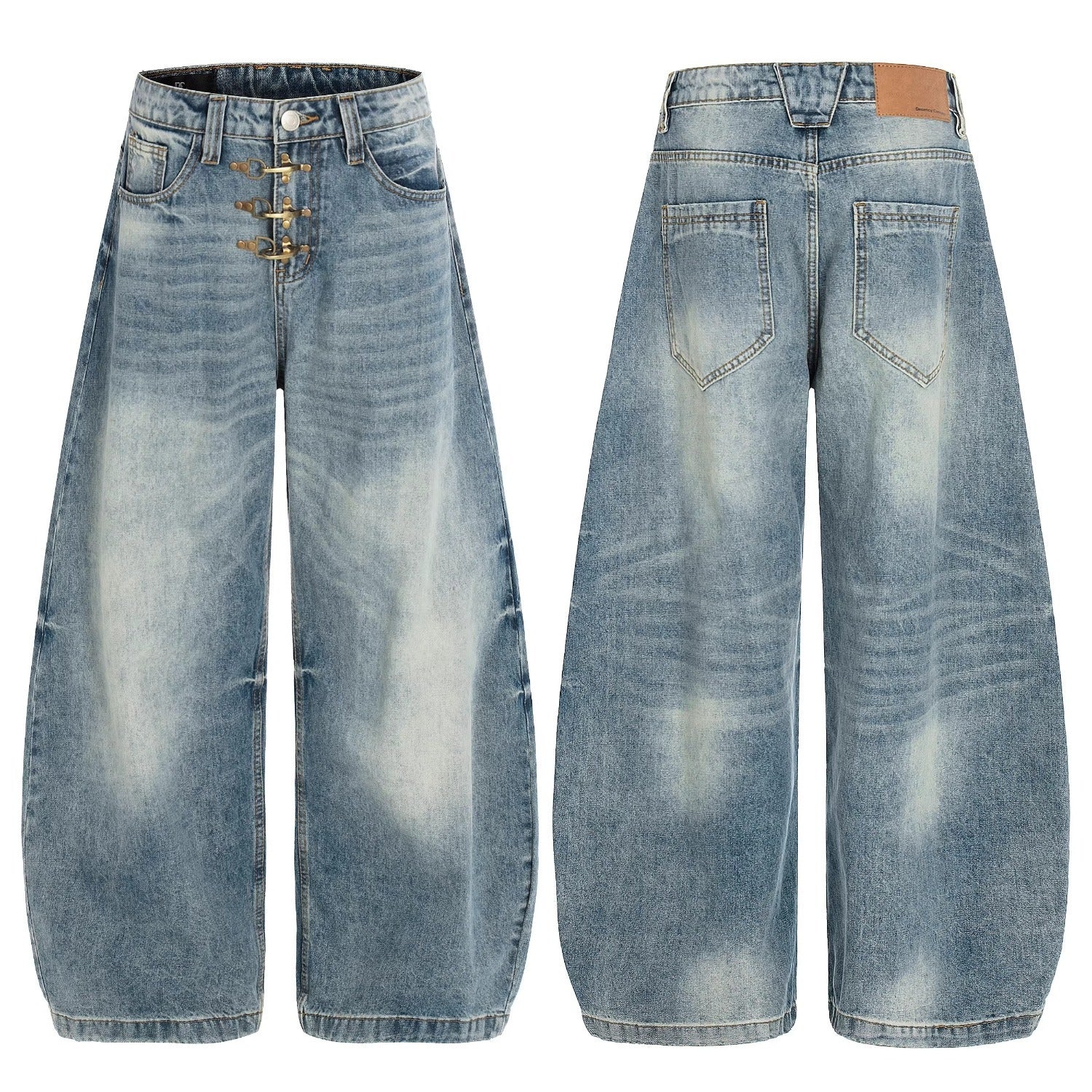 Vintage Metal Buckle Washed Sloping Jeans