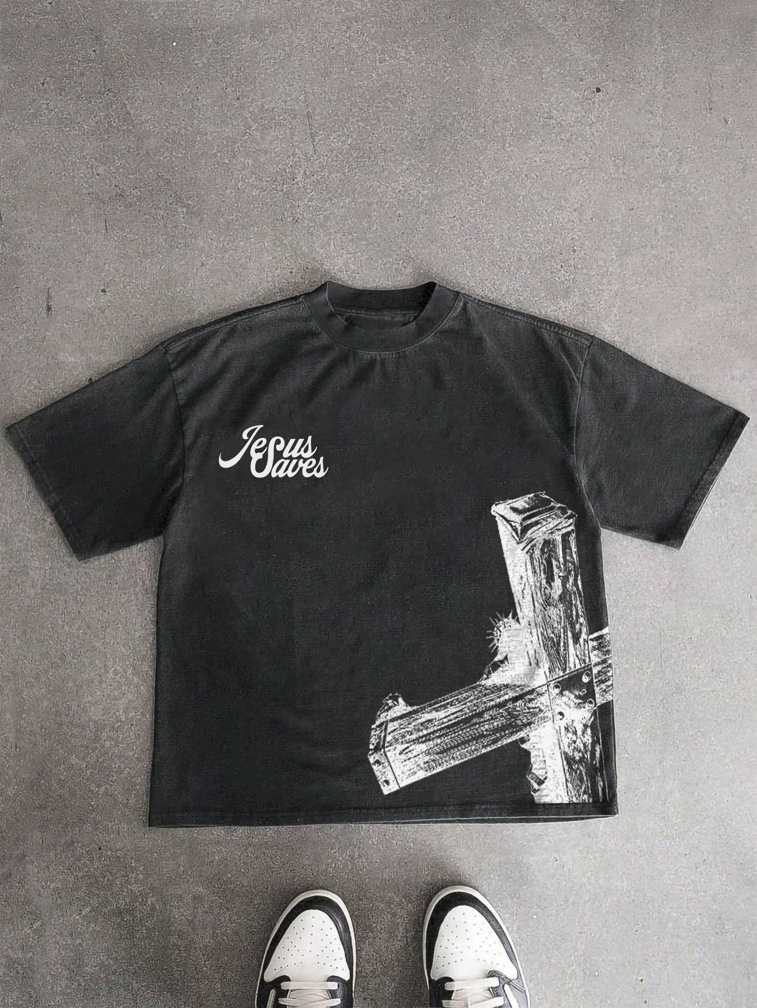 Vintage Casual Jesus Saves Graphic Acid Washed T-shirt