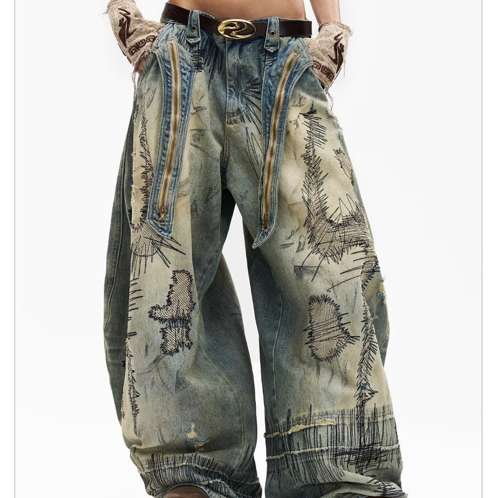 Hand Stitched Distressed Baggy Jeans