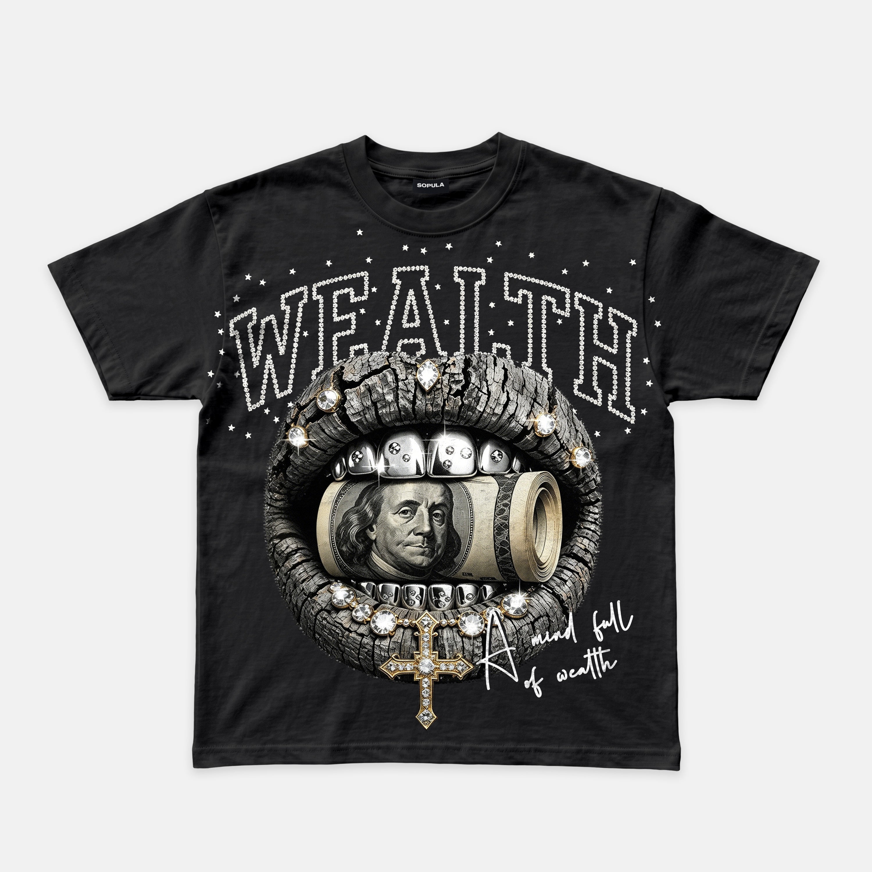 Diamond Encrusted Lips With Gold Cross Graphic T-shirt