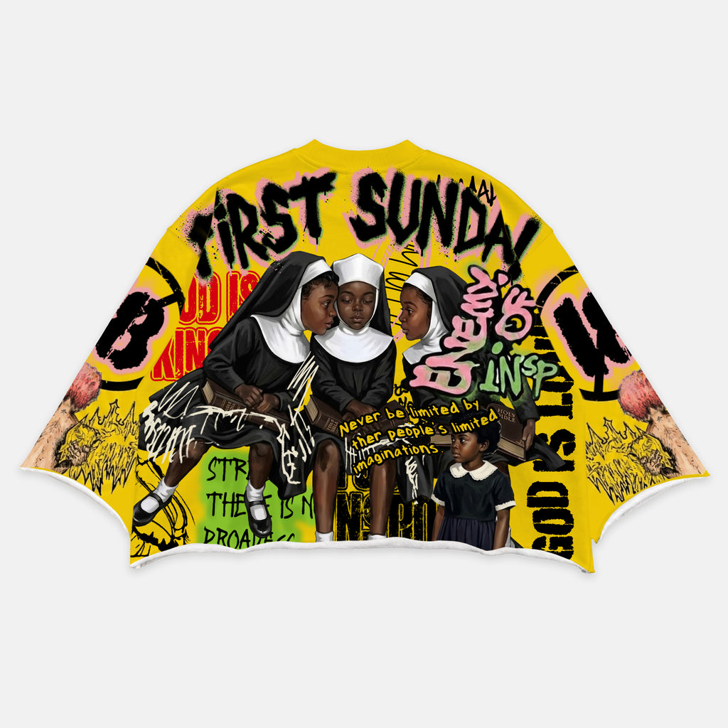 First Sunday Vintage Jesus Religious Print Boxy Crop T-shirt