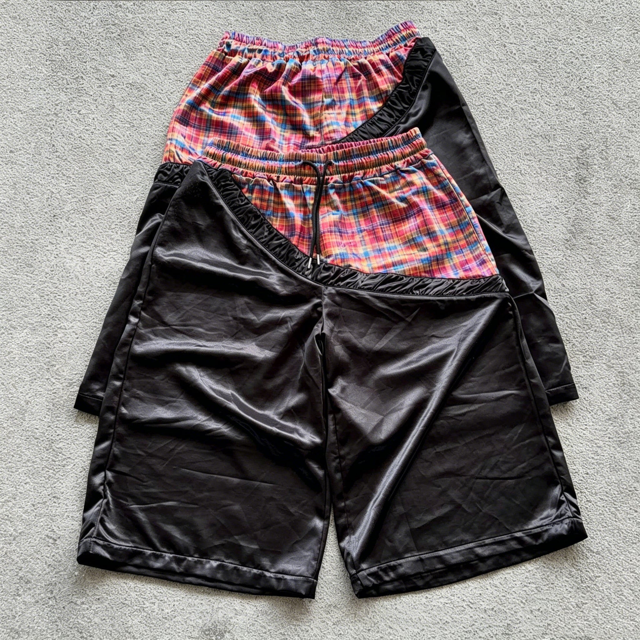 Fashionable Plaid Color-blocked Drawstring Casual Shorts