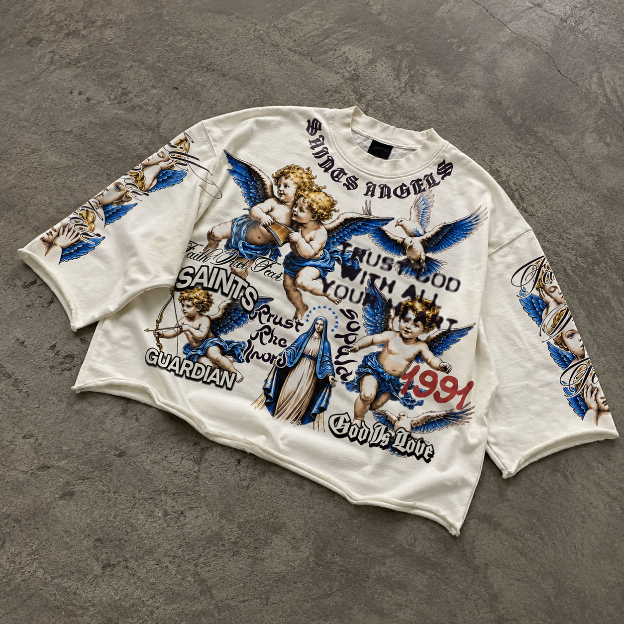 Saints Angels  Religious Graffiti Retro Graphic Boxy Crop Crimped Edge T-shirt