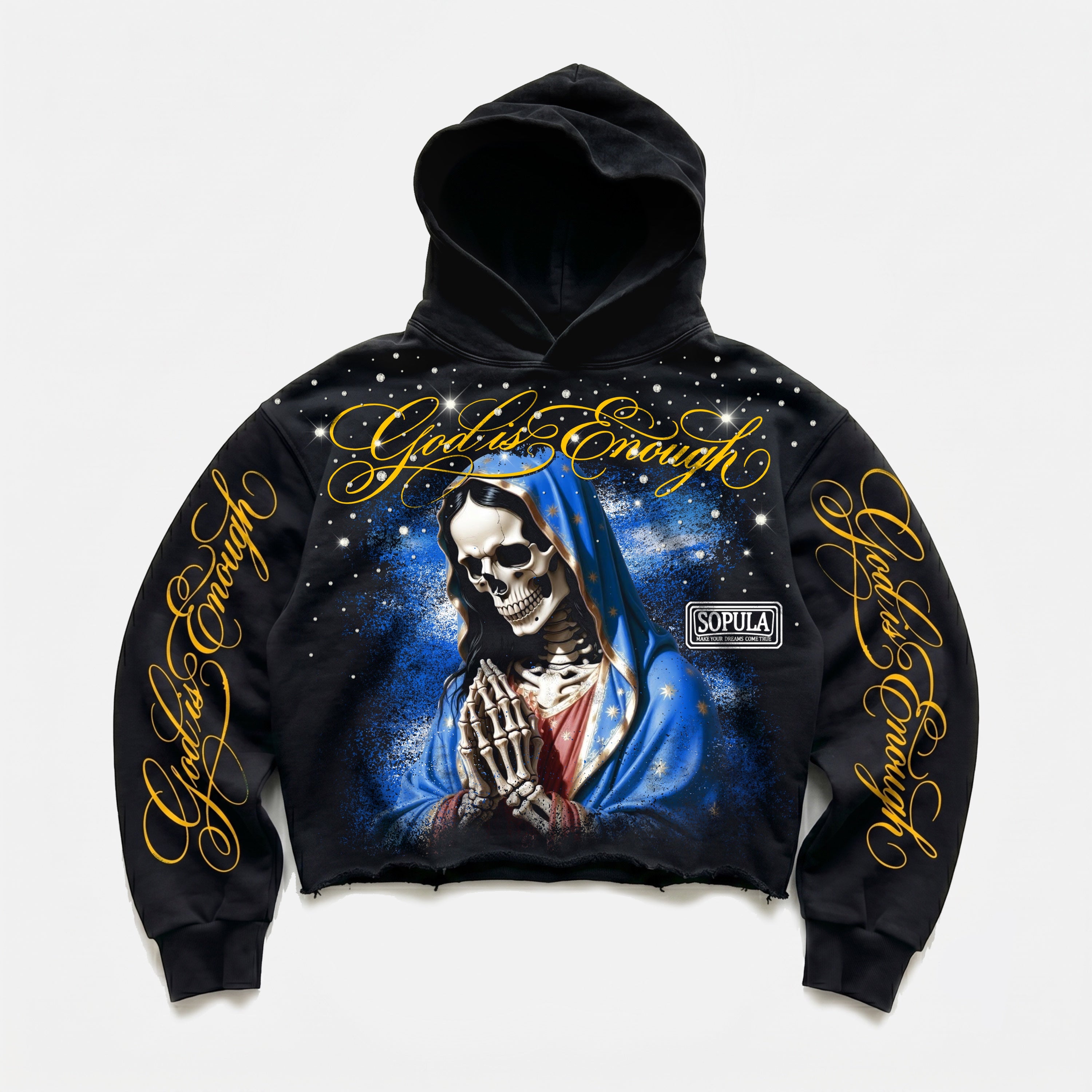 God Is Enough Skeleton Madonna Rhinestone Craft Graphic Cropped Hoodie