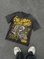 Men's Street God Loves The World Graphics Acid Washed T-shirt