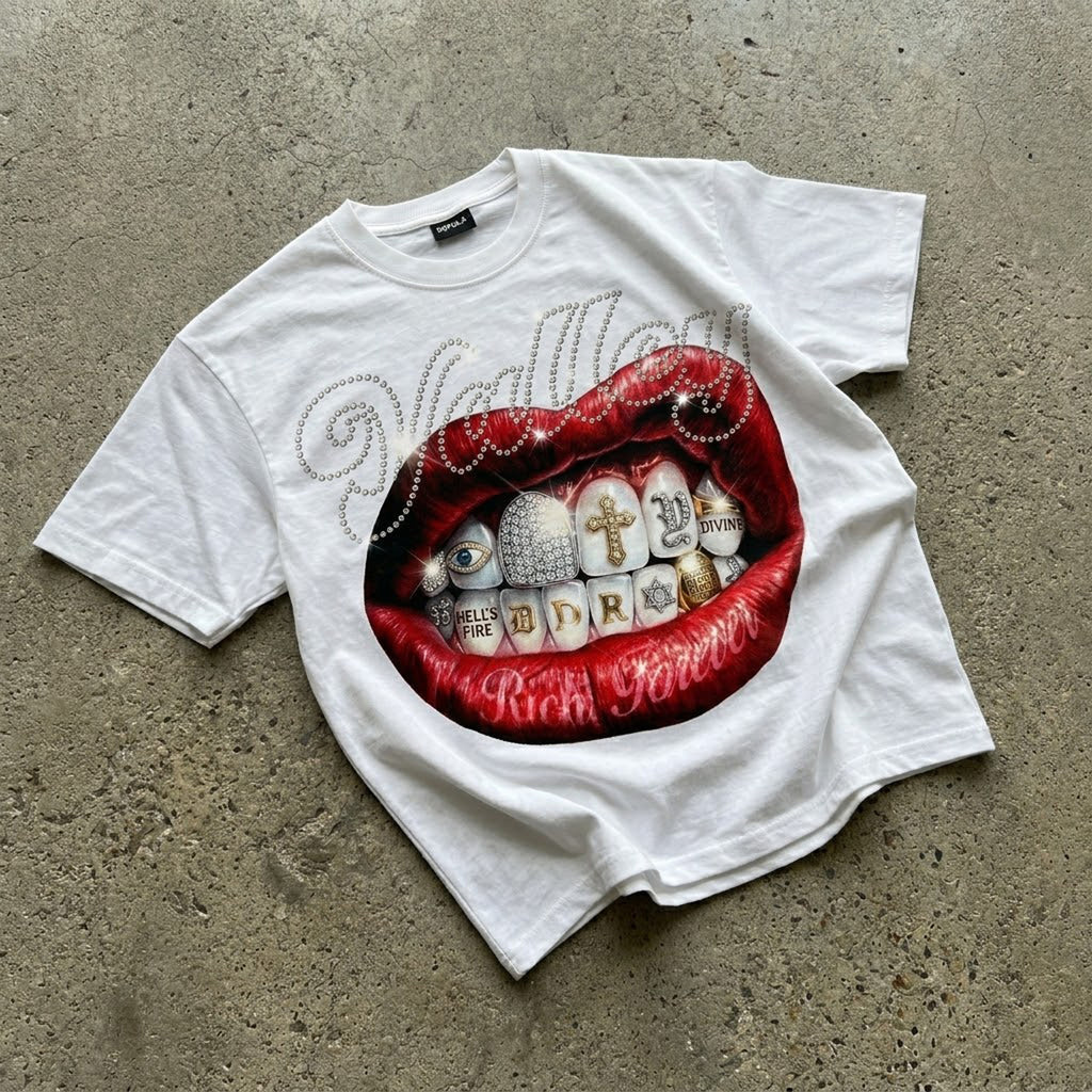 Valley Rhinestone Embellishment Rich Forever Red Lips Graphic Cotton T-shirt