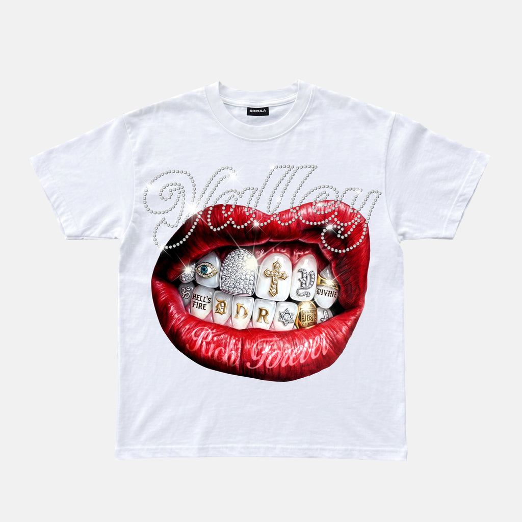 Valley Rhinestone Embellishment Rich Forever Red Lips Graphic Cotton T-shirt