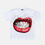 Valley Rhinestone Embellishment Rich Forever Red Lips Graphic Cotton T-shirt