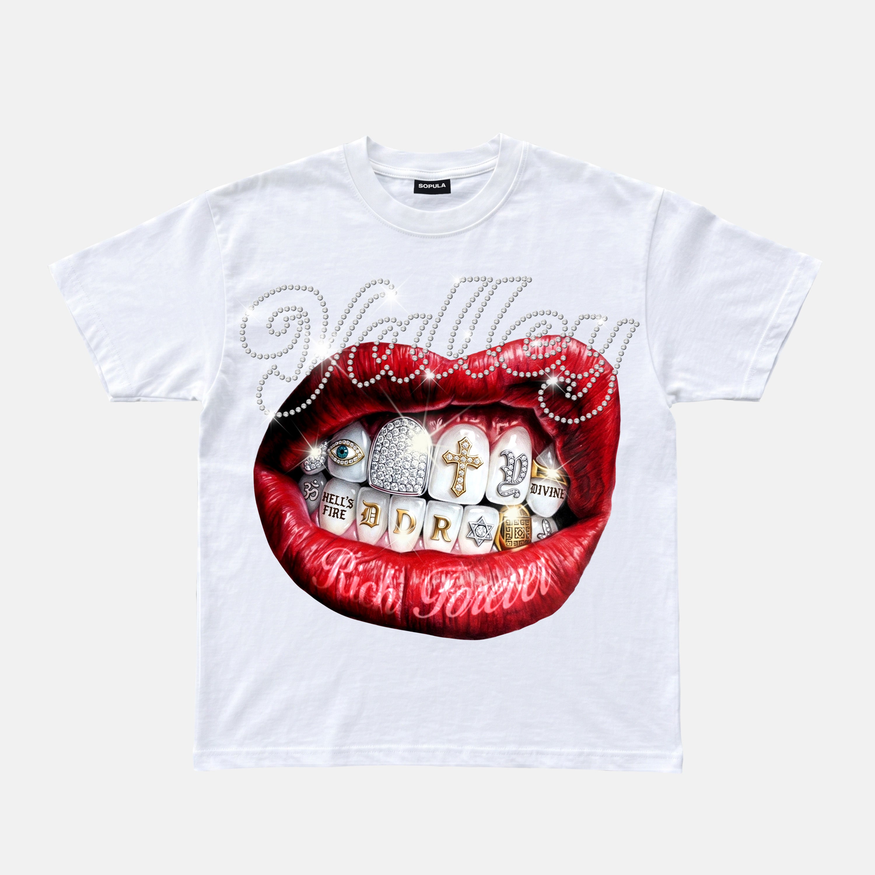 Valley Rhinestone Embellishment Rich Forever Red Lips Graphic Cotton T-shirt
