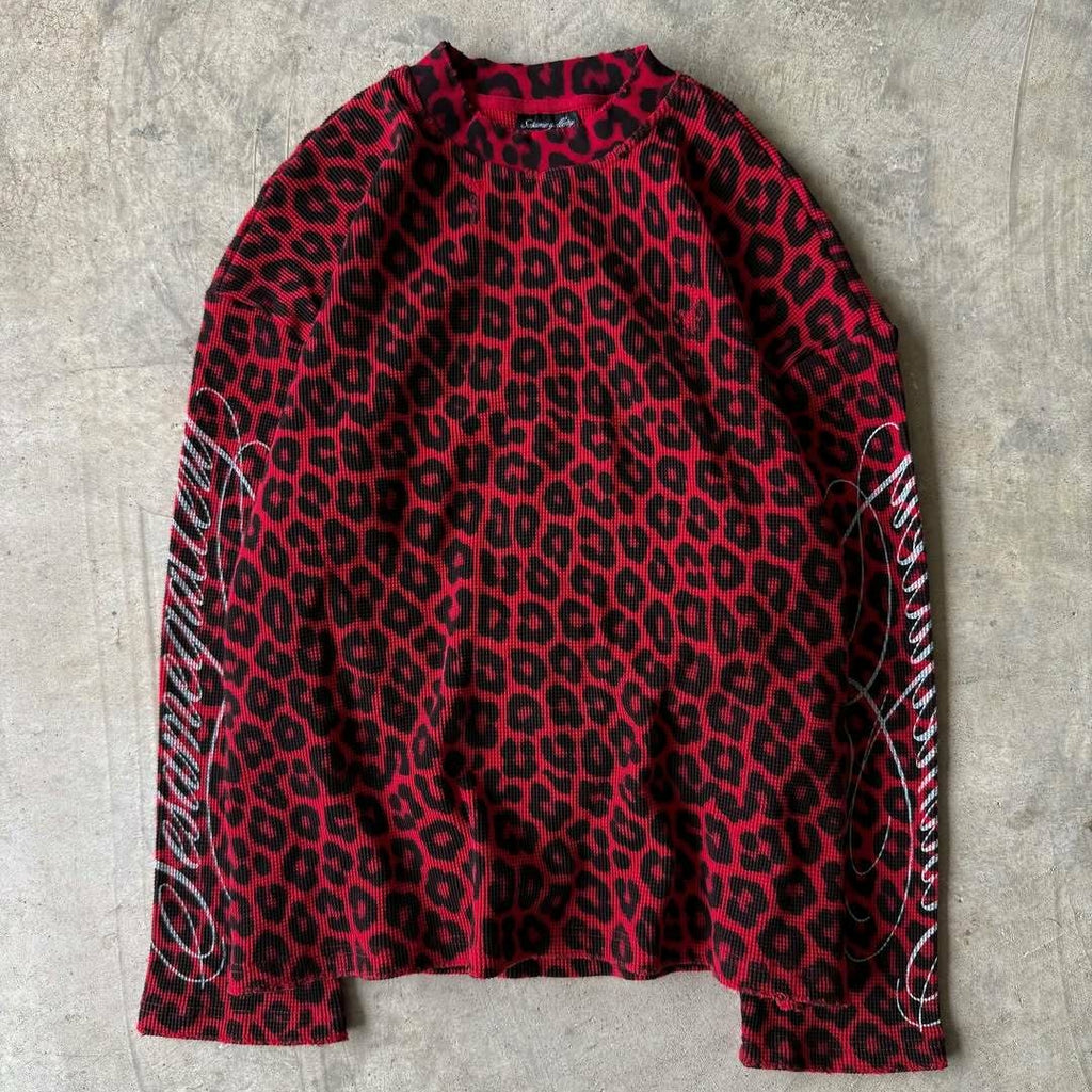 Leopard Print Waffle Texture Long-sleeved T-shirt
