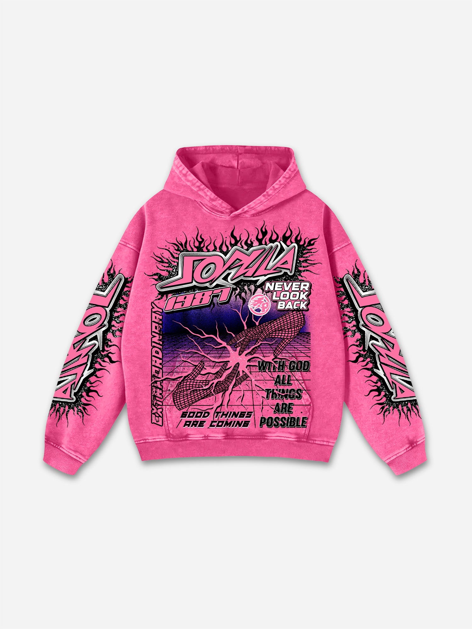 Flame Font Network Connection Vintage Graphic Washed Hoodie