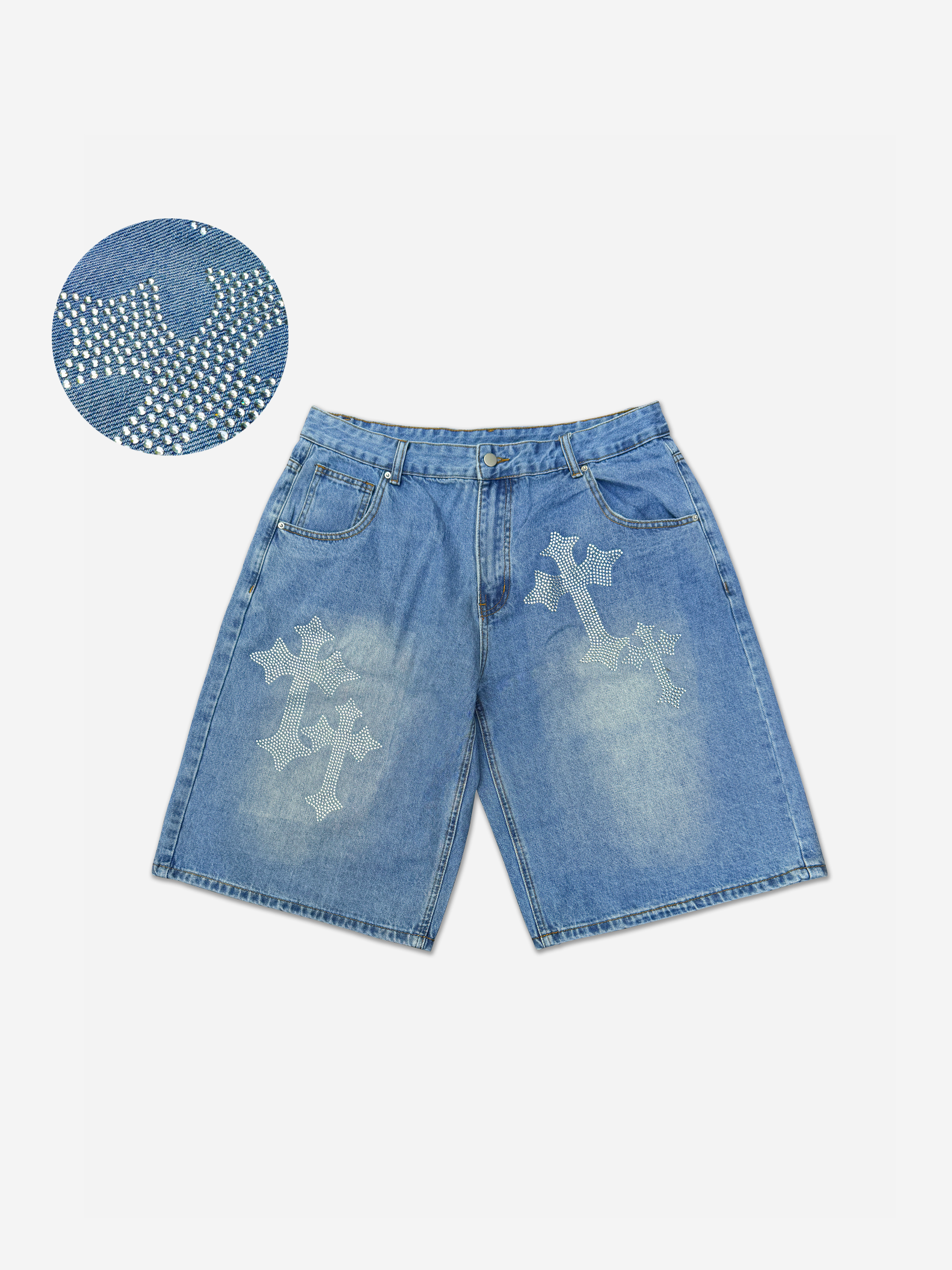 Cross Rhinestone Graphic Denim Shorts