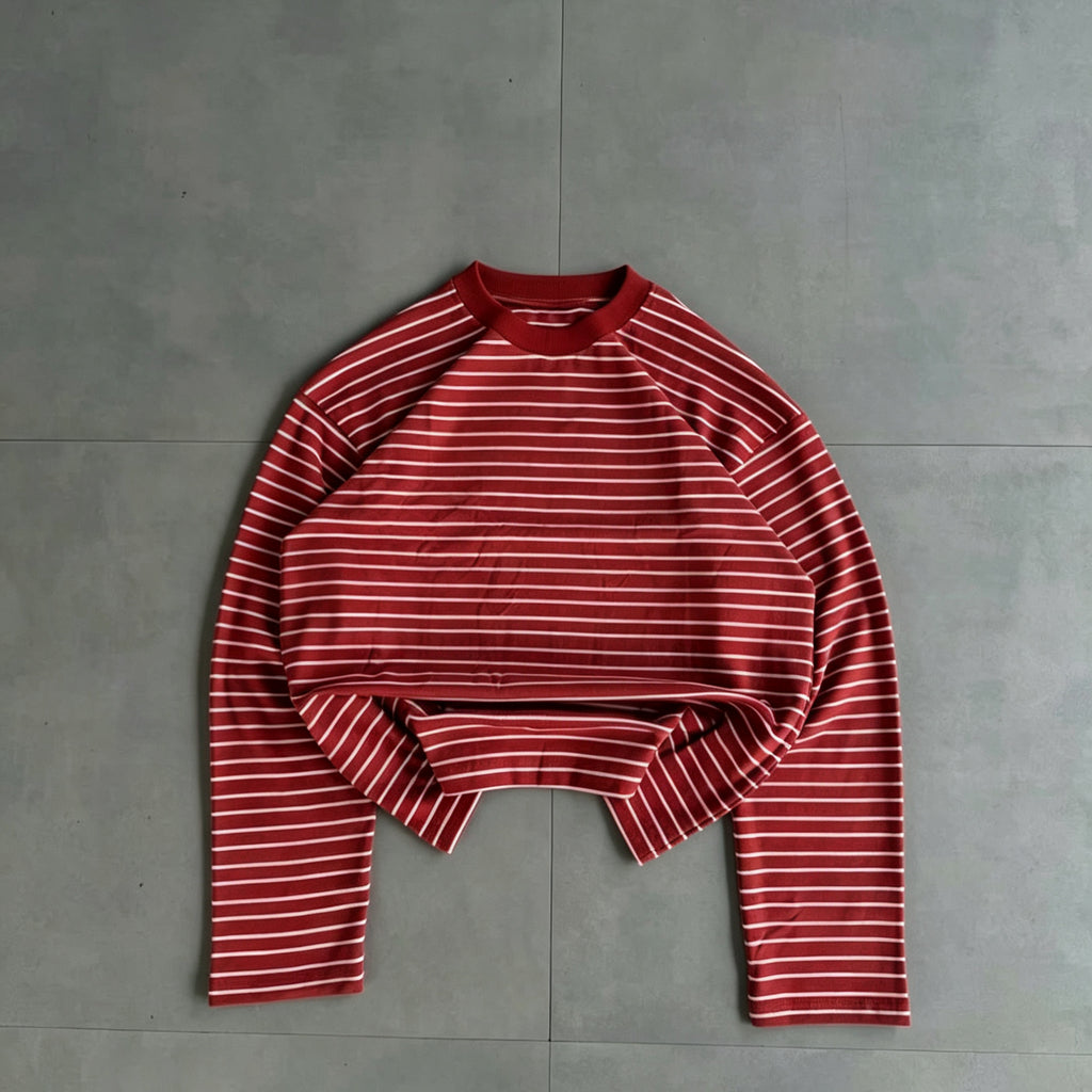 Retro Color-blocked Loose Striped Long-sleeved Crew Neck T-shirt