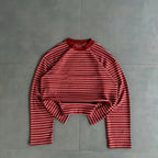 Retro Color-blocked Loose Striped Long-sleeved Crew Neck T-shirt