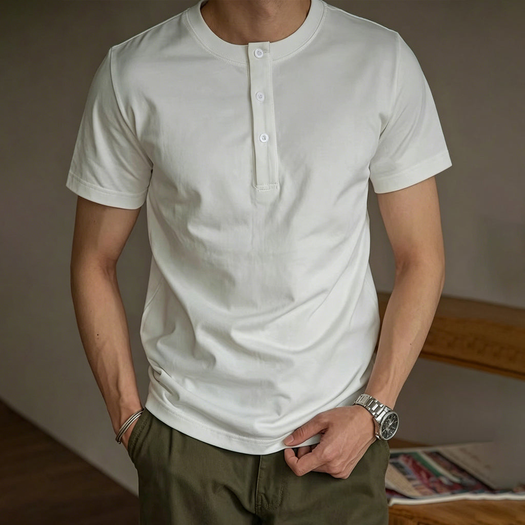 Men's Cotton Henley Collar Short-sleeved Gym Top