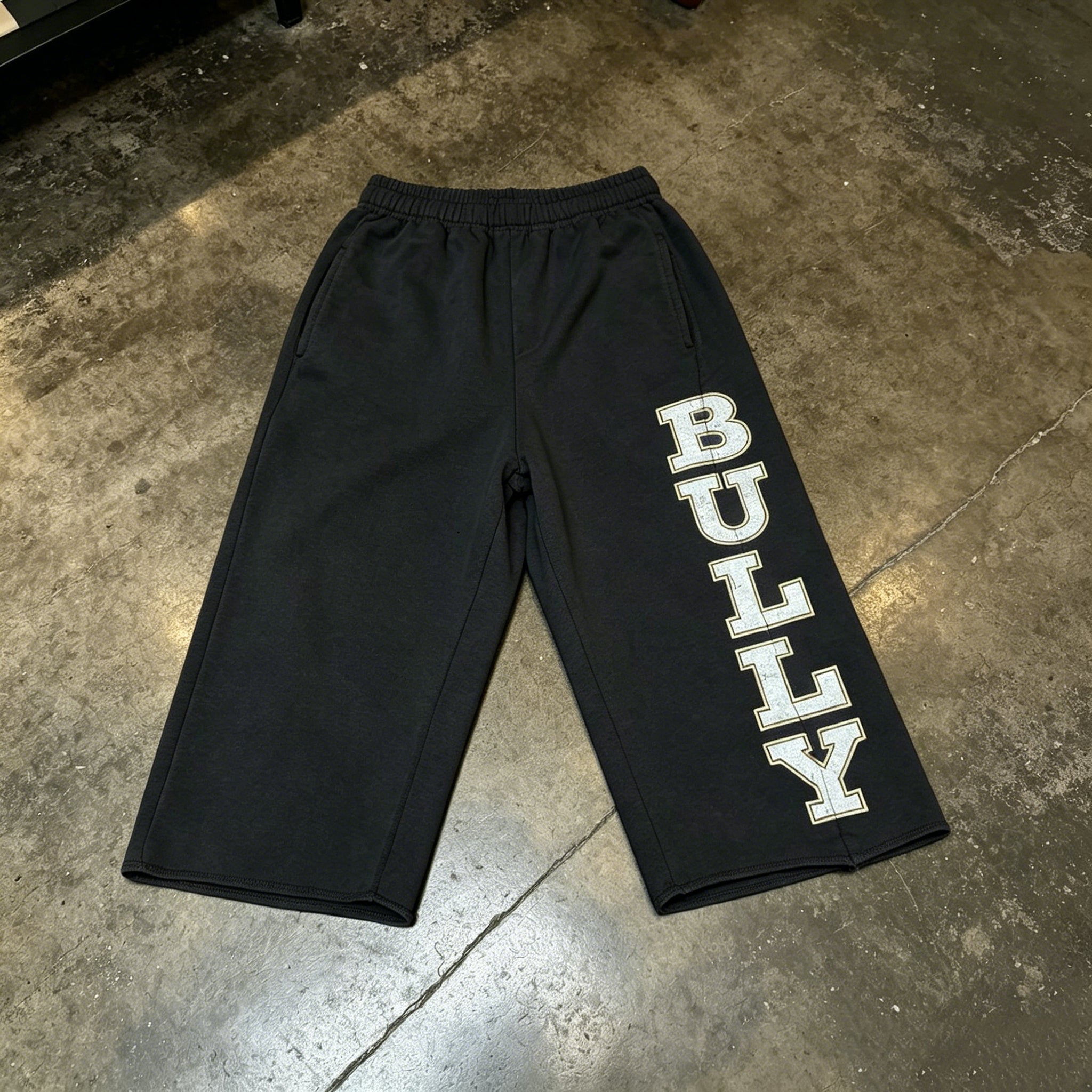 Retro Letter Bully Print Drawstring Terry 3/4 Sweatpants
