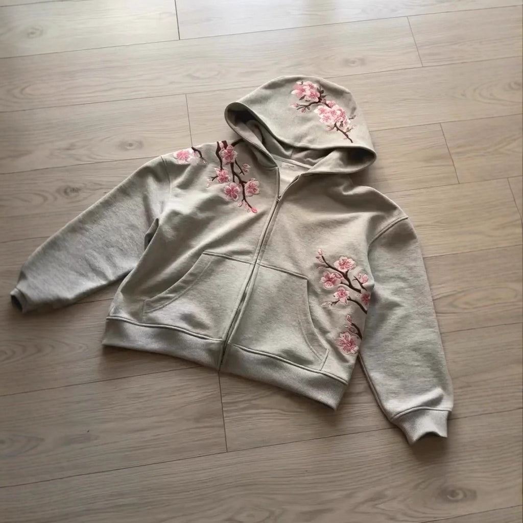 Harajuku Retro Cherry Blossom Embroidery Personalized Zipper Hoodie