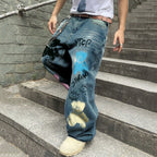 Men's Fashion Y2k Retro Japanese Dragon Pattern  Baggy Jeans