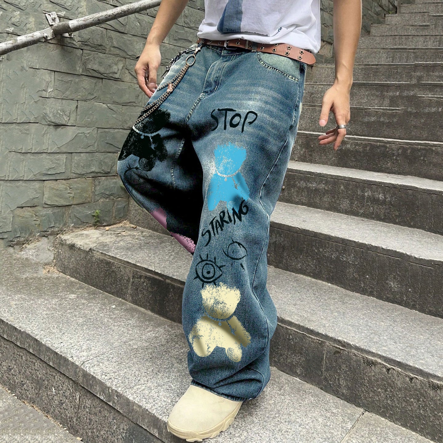 Men's Fashion Y2k Retro Japanese Dragon Pattern  Baggy Jeans