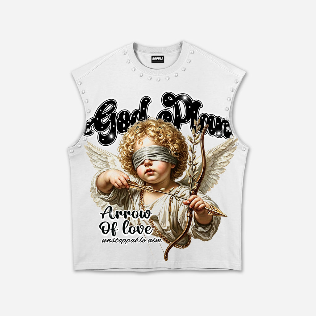 Retro God's Plan Angel Cupid Graphic Rhinestone Tank Top