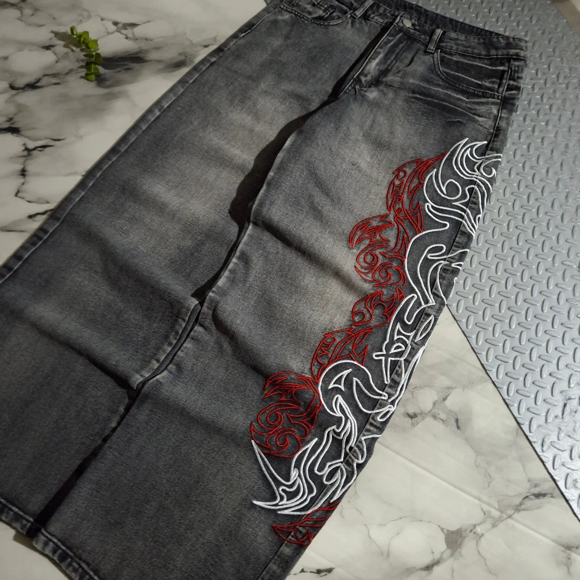 Retro Letter High Street Scimitar Stitching Wide Jeans