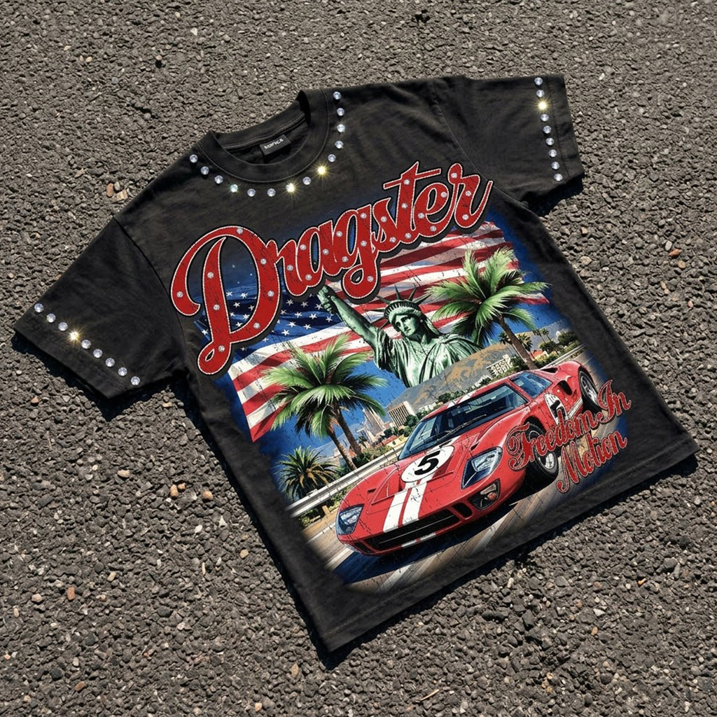 American Retro Racing Cars Graphic Rhinestone T-shirt